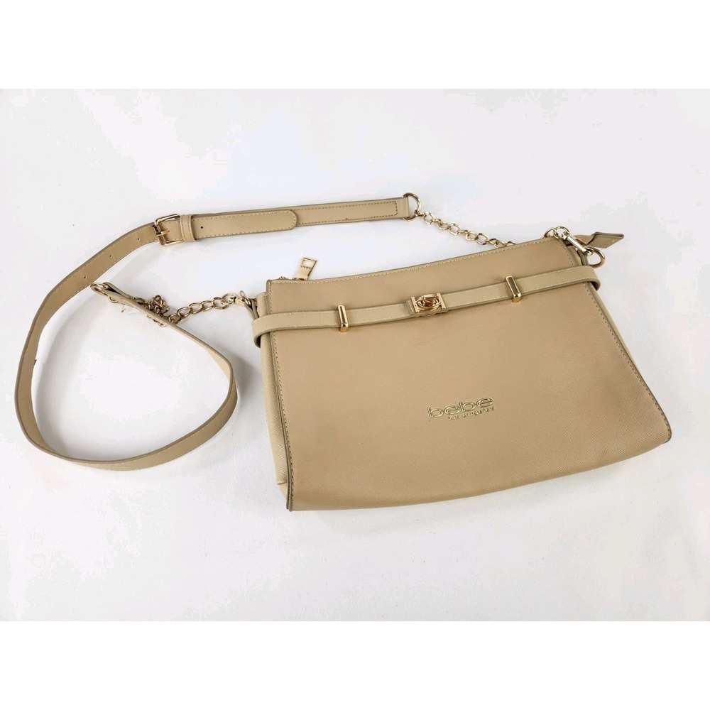 Bebe Light Beige Neutral Crossbody Purse Bag Blonde w/ Chain Travel Carrier